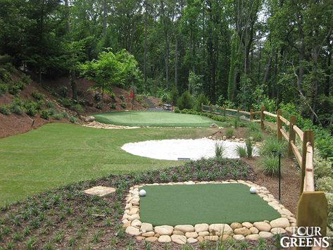 Practice  Hole Backyard Golf Hole, Home Golf Practice Area, Backyard Par 3, Backyard Golf Practice Area, Diy Golf Course, Golf Backyard Ideas, Backyard Chipping Green, Backyard Golf Ideas, Backyard Golf Course