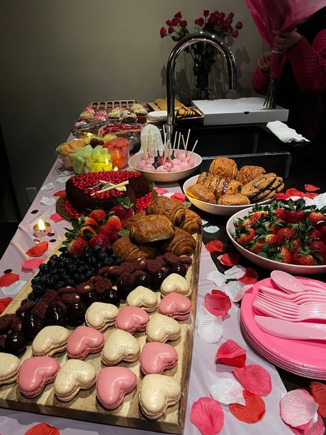 #valentines Valentines Catering Ideas, Galentines Inspo Food, Galentine Charcuterie Board, Galentines Party Food Ideas Dinner, Valentines Party Snacks, Valentine’s Day Party Food, Valentines Food Ideas, Galentines Party Food Ideas, Sweets Table Ideas