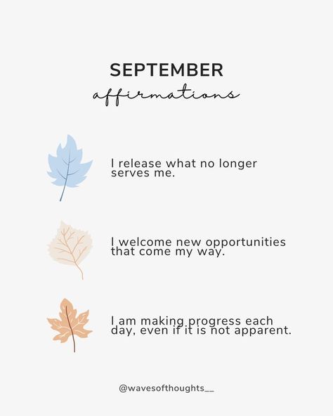 Welcome September 🍂 Here are some affirmations for the new month! → Send this post to a friend who might need to read these affirmations. #mentalwellness #positiveaffirmations #positivepsychology #happinesscoach #dailyaffirmations positive affirmations, positive psychology Monthly Affirmations September, New Month Affirmations September, September Affirmations, September New Month, New Month Affirmations, 1st Day Of Autumn, Month Affirmations, September Welcome, Monthly Affirmations