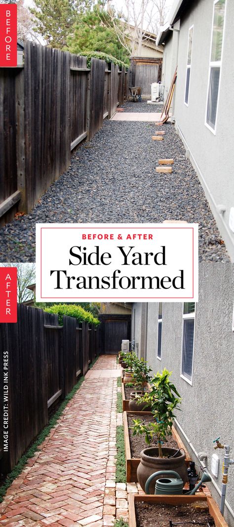 Before & After: A Side Yard Goes from Barren to Bountiful | If you live in a typical suburban house, chances are good you have a side yard — a barren little strip of land between the side of the house and the fence covered in grass or rocks and probably not much else. But one California homeowner, instead of seeing an awkward, useless space, only saw potential. Yard Remodel, Side Yard Landscaping, Brick Path, Side Yards, Grow Vegetables, Suburban House, Backyard Remodel, Bedroom Window, Veg Garden