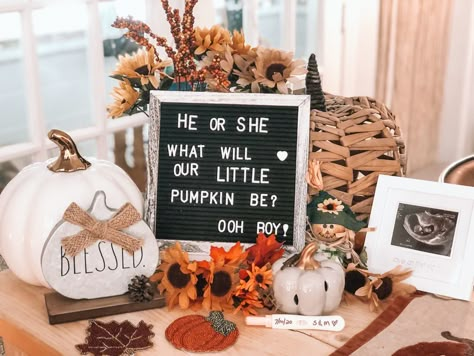 Fall Themed Gender Reveal Decorations, Pumpkin Gender Reveal Table Decorations, Fall Inspired Gender Reveal, What Will Pumpkin Be, Gender Reveal Party Theme Fall, Gender Reveal Idea Themes, Lil Pumpkin Gender Reveal, Fall Pumpkin Gender Reveal Ideas, Thanksgiving Gender Reveal Party