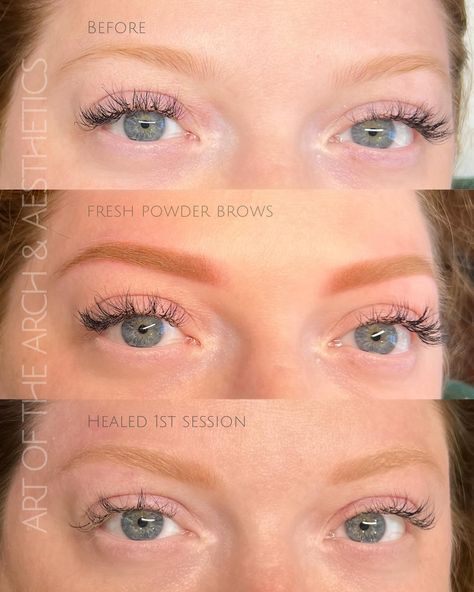 Show me those healed results ❣️ ^Before, ^immediately after powder brows (red head edition), and ^healed results after one session. Her before: she had her brows tinted the color she liked them (otherwise she had very blond brow hairs - almost unseen by the naked eye) 🎯 Her goals: to have visible eyebrows that weren’t blond or taupe and wanted a warm in tone to match her (*beautiful) red hair and compliment her skin tones. Her after: more vibrant and bright in color, this is normal and la... Tinted Brows, Henna Eyebrows, Powder Brows, 34th Birthday, Beautiful Red Hair, Exposure Photography, Brow Tinting, Red Head, 8th Grade