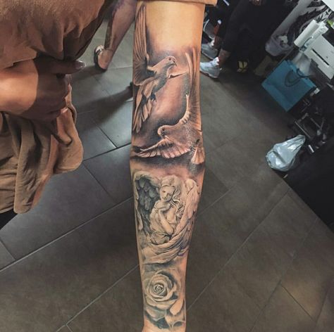 Dark Arm Sleeve Tattoos For Women, Angel Tattoo For Women On Arm, Dark Fem Tats, Dark Feminine Forearm Tattoo, Dark Feminine Tattoo Arm Sleeve, Front Arm Tattoo Woman, Summer Cjs, Shine Tattoo, Memorial Tattoo Ideas