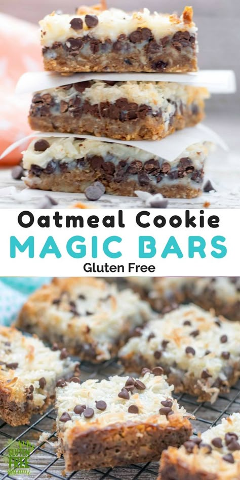 Never before has there been an easier cookie bar. A fun twist on the classic Magic Bar or 7 layer cookie bar, these cookie magic bars use an oatmeal cookie to create the tastiest crust ever, topped with gluten free chocolate and coconut, it's hard to resist just one. Quick and easy prep, these are perfect to throw together for a last  minutes treat. #glutenfree #glutenfreerecipes #magicbars #chocolate #coconut #easyrecipes #cookies via @GLUTENFREEMIAMI Gf Deserts Easy, Oatmeal Magic Cookie Bars, Best Gf Desserts, Quick And Easy Gf Desserts, Keto Cookie Bars Recipes, Gluten Free Sheet Pan Desserts, Quick Gf Desserts, Gluten Free Bars And Squares, Flourless Bars