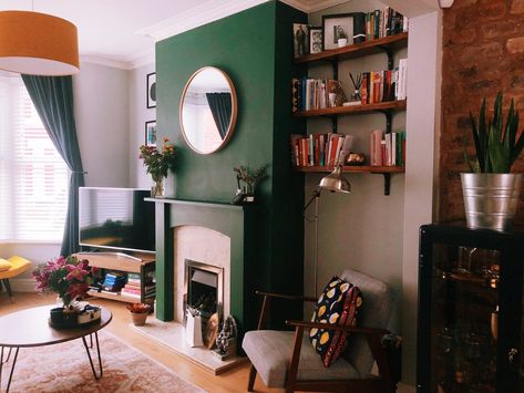 Green Accent Wall: Your New Favorite Feature! Green Chimney, Terraced House Living Room, Salons Cottage, Green Accent Wall, Front Room Decor, Fireplace Update, Green Accent Walls, Accent Wall Ideas, Coordinates Decor