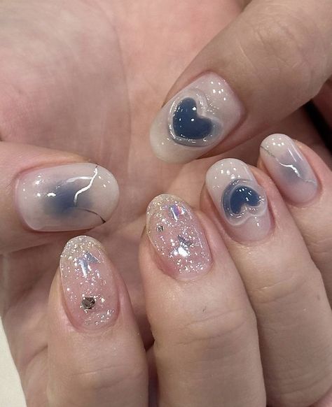 Korean Gel Nail Designs Simple, Blue Nails Inspo Short, Short Nail Designs 3d, Short Nails 3d Design, Korean Gel Nails Simple, 3d Korean Nails, Nail Art Simple Blue, Blue Summer Nails Short, Blue Short Nail Designs