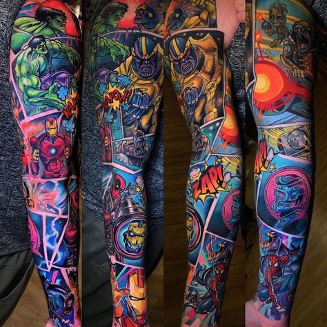 Carlos Avina on Instagram: “That color work is 🔥🔥🔥 📸  @electricgrizzlytattoo ・・・ Comic sleeve tied up last week by @drkturcotte on the legend @sknowles82 , this was…” Dc Tattoo Ideas, Chest Tattoo Cover Up, Marvel Tattoo Sleeve, Iconic Tattoos, Marvel Sleeve, Super Hero Tattoos, Superhero Tattoos, Dallas Tattoo, Dc Tattoo