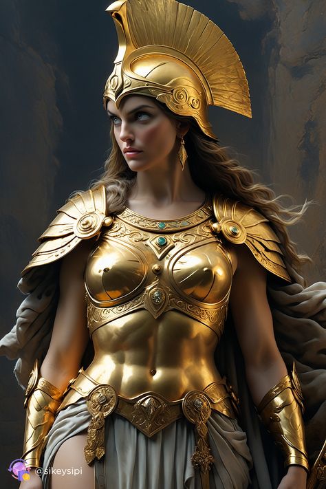 Rhea Greek Mythology Art, Hippolyta Mythology, Helen Of Troy Art, Greek Princess Aesthetic, Athena Goddess Art, Athena Costume, Athena Greek Goddess, Golden Armor, Greek Goddess Art