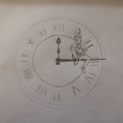 Peter Pan Clock Tattoo, Peter Pan Drawing Ideas, Peter Pan And Tinker Bell Tattoo, Peter Pan Tattoo Ideas Inspiration, Peter Pan Drawing Sketches, Peter Pan Inspired Tattoos, Peter Pan Drawing Easy, Peter Pan Embroidery, Neverland Drawings