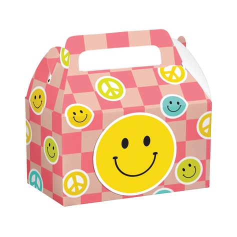 Whether you are throwing a retro-themed party or just looking for a unique way to thank your guests, these Flower Power Favor Boxes will surely be a hit. The boxes feature a groovy, mod design that will add a touch of style to any table. Two designs are included, one featuring colorful smiley faces and peace signs on a pink checkered background, and the other has a bright swirl pattern in yellow, lime green, aqua blue, and pink with daisy flowers and the words Birthday Vibes in a retro font. In Cute Party Favors For Kids, Threenager Party, Flower Power Party, Groovy Birthday Party, Birthday Sleepover Ideas, Preppy Birthday, Groovy Party, Birthday Vibes, Checkered Background