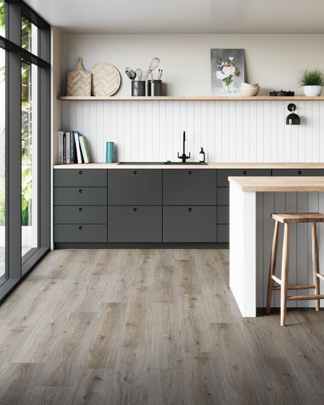 Natural Laminate Flooring, White Kitchen Units, Cushioned Vinyl Flooring, Grey Kitchen Tiles, White Laminate Flooring, Grey Laminate Flooring, Direct Wood Flooring, Budget Kitchen Remodel, Oak Laminate Flooring