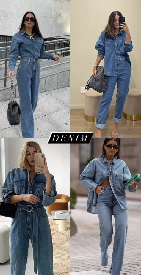 Denim Shirt And Denim Jeans Outfit, Camisa Jeans Outfit Mujer, Jean On Jean Outfit Denim, Total Denim Outfit, Chic Denim Outfits, Looks Total Jeans, Double Denim Outfit, Outfits Con Jeans, Looks Jeans