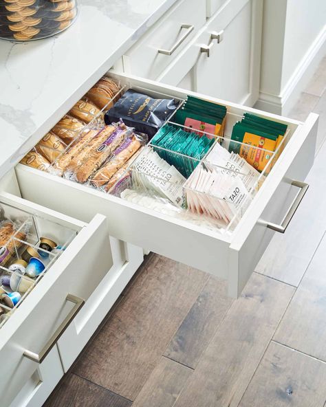 Tea Storage Drawer, Coffee And Tea Cabinet Organization, Tea Drawer Organization Storage Ideas, Coffee And Tea Drawer Organization, Tea Storage Organizing, Tea Drawer Organization, Pantry Organiser, Coffee Drawer, Tea Drawer