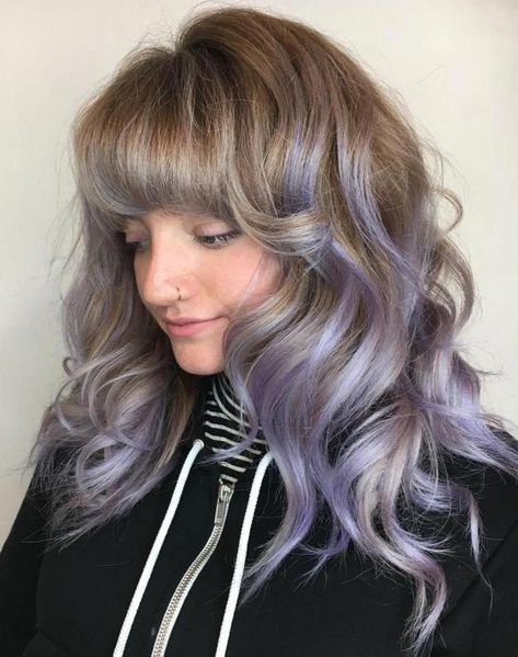 Light Brown Hair With Lavender Balayage #curlyhairwithbangs Light Brown Hair With Lavender, Brown Hair With Lavender, Brown Hair Streaks, Lavender Balayage, Lavender Hair Dye, Lavender Hair Colors, Wavy Bangs, Hair Dye Tips, Brown Hair Dye