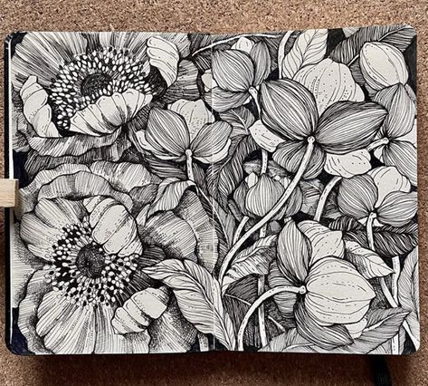 One Tulip, Moleskine Sketchbook, Pen Art Drawings, Black Pen, Doodle Art Designs, Mandala Design Art, Botanical Drawings, Ink Illustrations, Zentangle Art