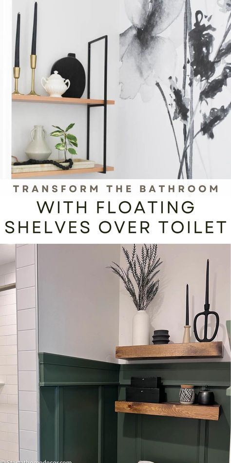 Create additional bathroom storage and style by adding floating shelves above your toilet. Head over to my blog to learn more! Wall Art Above Toilet, Bathroom Shelves Over Toilet Diy, Shelf Above Toilet Decor, Behind The Toilet Shelves, Above The Toilet Ideas, Floating Shelves Above Toilet, Shelves Behind Toilet, Above Toilet Decor, Floating Shelves Over Toilet