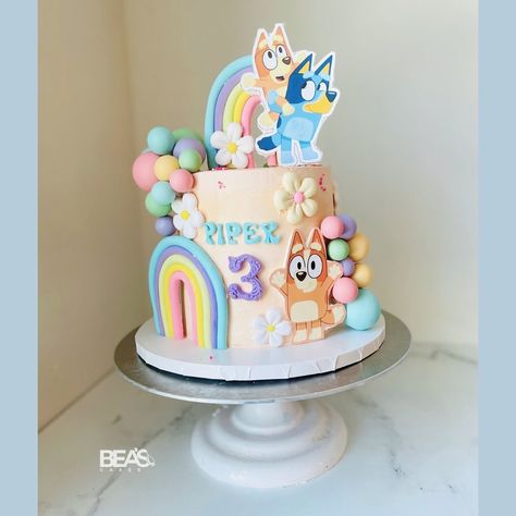 Bluey theme cake for Piper 😍🌸🩵 #cake #cakes #bluey #blueythemecake #blueycake #cakeart Bluey Cake Pink, Bluey Theme Cake, Pastel De Bluey, Bluey Themed Cake, Bolo Buttercream, Bingo Cake, Fiesta Bluey, Baby Birthday Party Theme, Butterfly Birthday Cakes