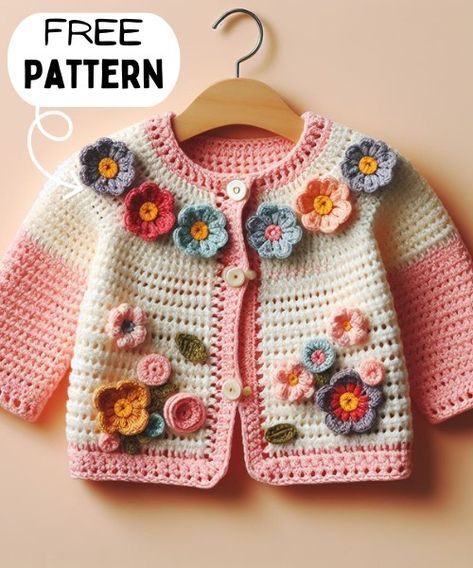 Baby Dress Crochet Free Pattern, Baby Cardigan Crochet Pattern Free, Crochet Patterns Cardigans, Crochet Cardigan Girl, Crochet Baby Cardigan Free Pattern, Baby Cardigan Pattern Crochet, Diy Crochet Sweater, Crochet Cardigan Free, Crochet Baby Sweater Pattern