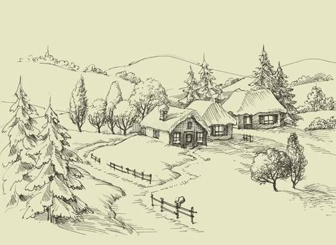 Panorama Illustration, Village Drawing, Mountain Sketch, Beautiful Valley, Drawing Scenery, Draw Step By Step, Mountain Drawing, Nature Sketch, Landscape Sketch