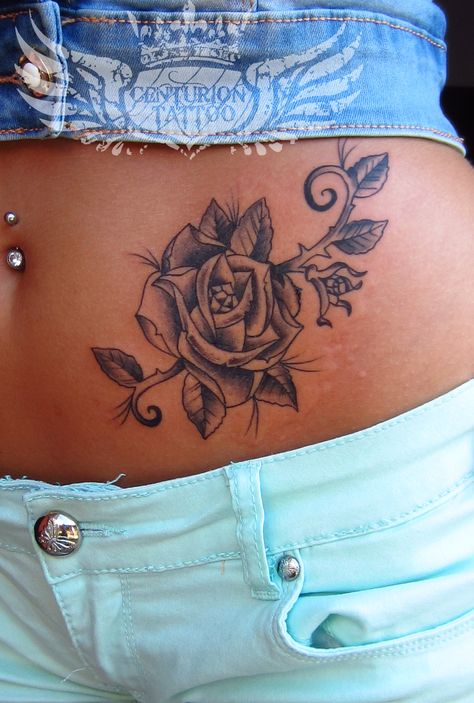 old school rose tattoo Rose On Stomach Tattoo, Old School Rose Tattoo, Side Stomach Tattoos, Old School Rose, Stomach Tattoos Women, Belly Tattoos, Rose Tattoos For Women, Belly Tattoo, Snakebites