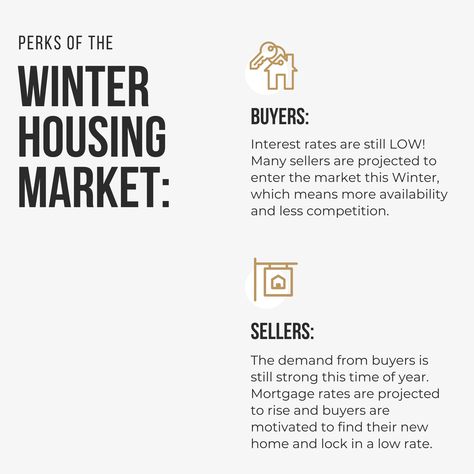 The housing market is still going strong this time of year! No matter what your real estate goals are, you can benefit in this market. Buyers - Interest rates are still LOW! Locking in a low rate now may help save you thousands over the life of your loan. Plus, many sellers are projected to enter the market this winter, which could mean more availability and less competition during your search. 🔑 Sellers - Demand is still high, as many buyers are motivated to find their new home and lock in a Real Estate Interest Rates, End Of Year Real Estate Post, January Real Estate Posts, Real Estate Market Update, December Real Estate Marketing, Winter Real Estate Marketing, Market Update Real Estate, New Years Real Estate Marketing, New Years Real Estate