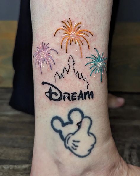 Happy Saturday! This one's for the Disney fans! We added some fireworks, lettering, and the castle to Tamie's pre-existing mickey ears & glove! Disney World Castle Tattoo, Firework Tattoo, Disney Castle Tattoo, Disney World Castle, Castle Tattoo, Disney Fireworks, Disney Castle, Disney Tattoos, Mickey Ears