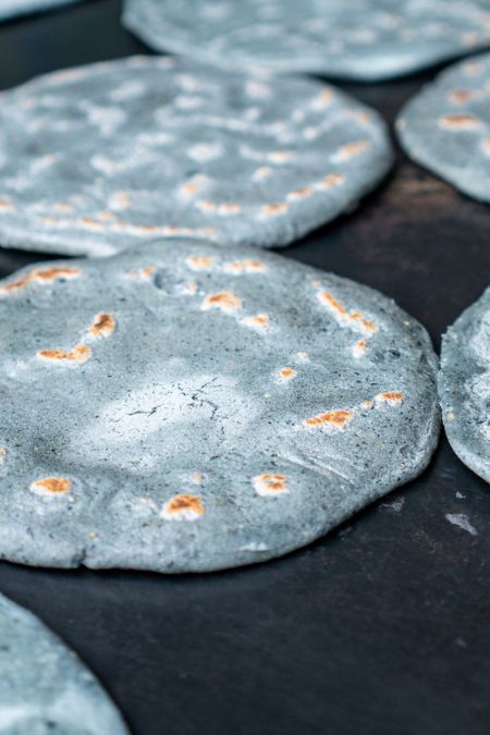 Blue Corn Pancakes Recipe, Blue Corn Pancakes, Blue Cornmeal, Corn Pancakes, Skillet Pan, Blue Corn, Toasted Pine Nuts, Breakfast Menu, Cake Flour