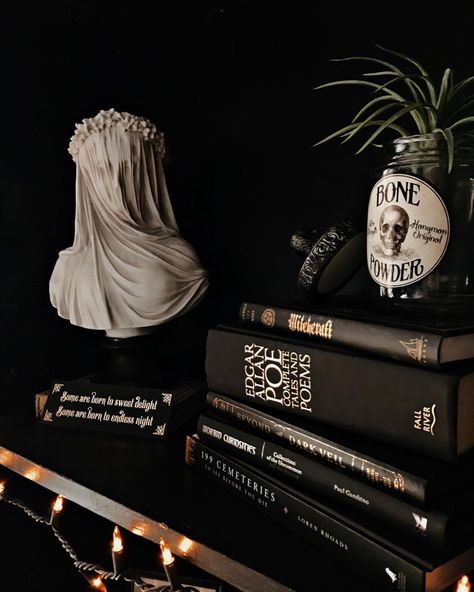 Gothic Coffee Table Decor, Gothic Coffee Table, Victorian Gothic Interior, Gothic Victorian House, Victorian Gothic Decor, Night Poem, Victorian Witch, Gothic Interior, Scary Books