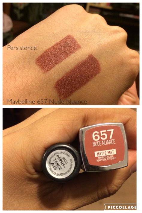 Hey guys!! These are my two everyday lip sticks that I wear. As labeled, they are actually two different lip sticks! On the left in both photos is the matte lipstick called Persistence from Mac. It was 20$ which is a little expensive but well worth it. If you are looking for something cheaper with this same color, then you should buy Maybelline's Nude Nuance in 657. You can find this in your local Walmart for only 7 dollars! Mac Persistence Lipstick, Maybelline Nude Nuance, Maybelline Lipstick Shades, Mac Velvet Teddy, Lip Sticks, Maybelline Lipstick, Noah Cyrus, Lipstick Shade, Brown Lipstick