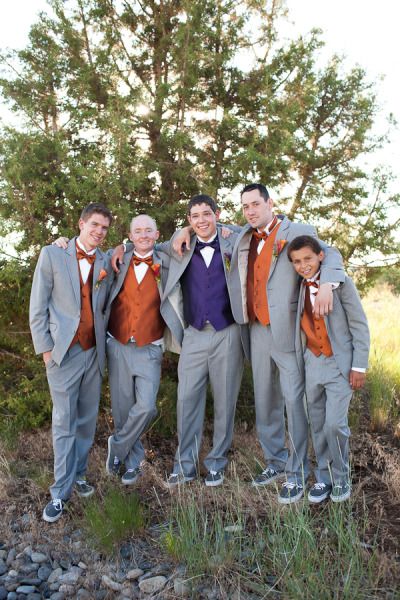 love the different color vests Purple And Orange Groomsmen Attire, Orange Groomsmen, Groomsman Outfits, Orange Purple Wedding, Wedding Suggestions, Groom's Attire, Canyon Wedding, Best Wedding Colors, Wedding Tux