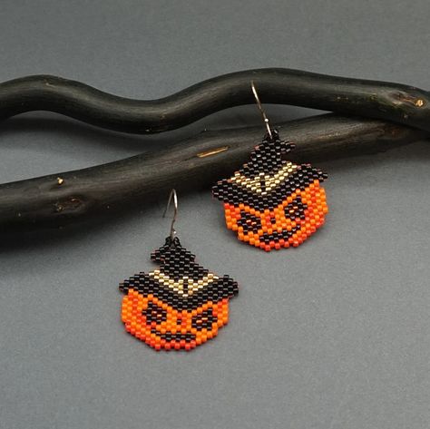 Halloween Beaded Earrings Pattern DIY Jewelry Pumpkin in Hat Seed Bead for Delica October Design Beading Brick Stitch Digital Pdf Beadwork - Etsy Halloween Beaded Earrings, October Design, Beaded Earrings Pattern, Halloween Beaded Jewelry, Seed Bead Crafts, Loom Jewelry, Seed Bead Pattern, Halloween Beads, Weaving Designs