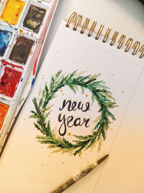 New Year Watercolor Painting, New Years Watercolor, New Years Painting, Happy New Year Painting, Happy New Year Watercolor, New Year Painting, New Year Watercolor, Diy Holiday Cards, Seasons Greetings Card