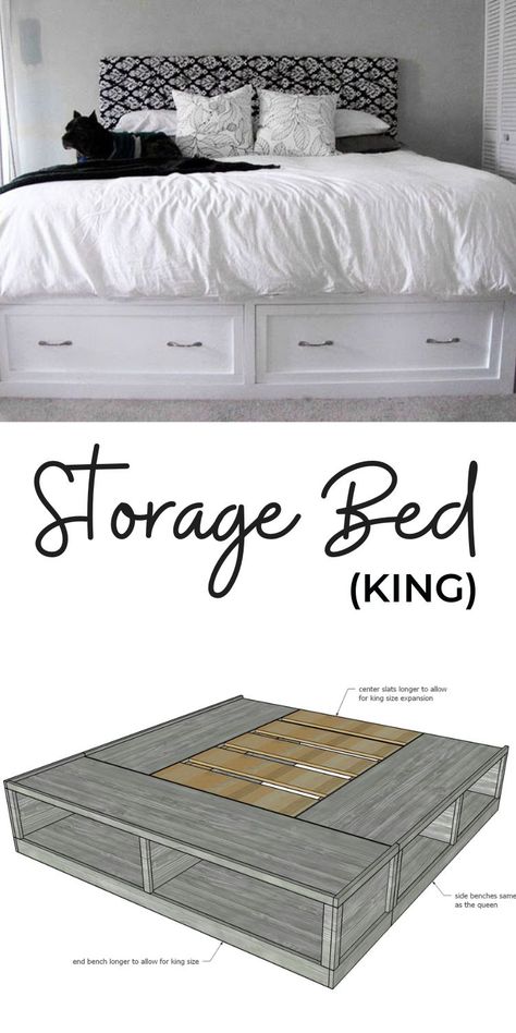 Diy King Size Bed Frame With Storage, How To Make A Platform Bed With Storage, Captains Bed King, Cal King Storage Bed Frame, King Bed Frame Ideas With Storage, Farmhouse Bed With Drawers, White King Platform Bed, Beds And Bed Frames, White Bedroom Furniture Beds & Frames