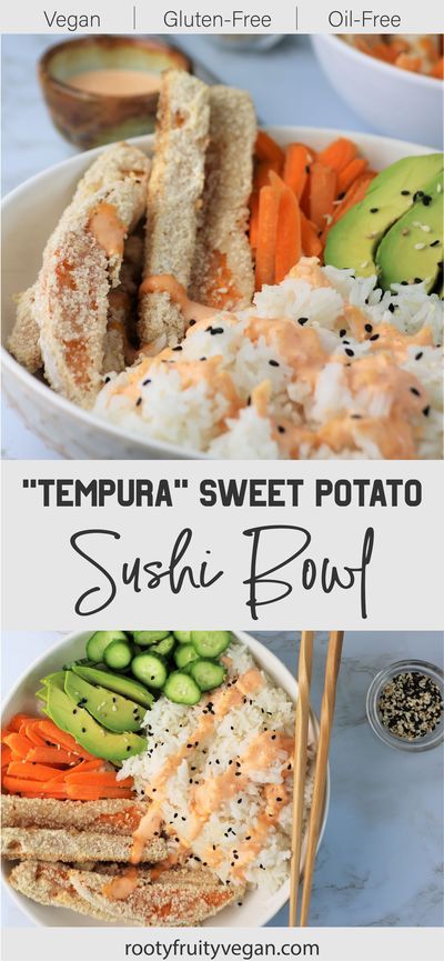 Vegetarian Sushi Bowl Recipe, Sweet Potato Sushi Bowl, Gluten Free Sushi Recipes, Vegan Dinner For Non Vegans, Plant Based Gluten Free Recipes, Plant Based Asian Recipes, Vegan Sushi Bake, Gluten Free Vegan Meals, Baked Tempura