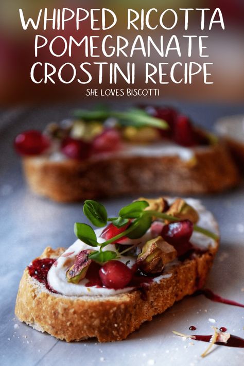 Bruschetta Recipe Whipped Ricotta, Pomegranate Crostini, Asian Brunch, Crostini Party, Recipe Ricotta, Ricotta Crostini, Crostini Recipe, Crostini Appetizers, Whipped Ricotta