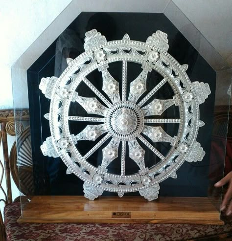 Silver filigree, Konark wheel Konark Wheel, Konark Temple, Thermocol Craft, Ganesh Temple, Cement Work, Ganpati Decoration At Home, Indian Temple Architecture, Ancient Indian Architecture, Door Design Images