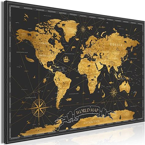 Amazon.com: artgeist Canvas Wall Art Print World Map 90x60 cm / 35.4"x23.6" 1 pcs Home Decor Framed Stretched Picture Photo Painting Artwork Image - World Map Kontinente Black Gold k-A-0490-b-a: Posters & Prints Map Monde, World Map Painting, Gold World Map, World Map Decor, World Map Canvas, Wall Decor Pictures, Artwork Images, Antique Map, Vintage Map