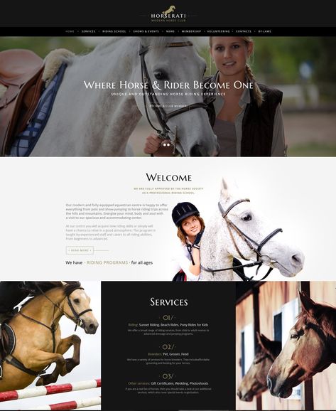 Horserati - Horse Club Multipage Website Template School Website Templates, Horse Riding School, Horse Club, Beach Rides, Riding School, Portfolio Website Template, Graphic Design Website, Portfolio Website Design, Website Header