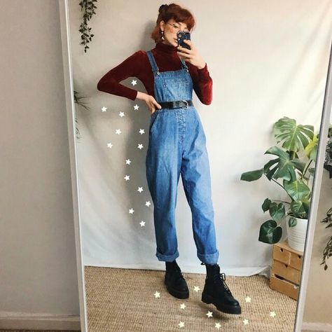 Check this out on @depop Search for: libertymai on #depop👍 Overalls Outfit With Doc Martens, Retro Jumper Outfit, Winter Overalls Outfit, Cute Artsy Outfit, Human Aesthetic, Revamp Wardrobe, Aesthetic Styles, Random Clothes, Alt Clothes