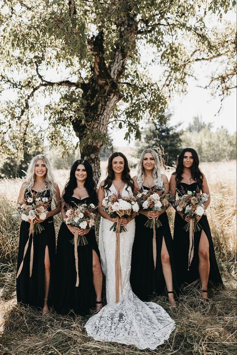 Black Bridesmaid Dresses Rustic, Bridesmaid Rustic Dresses, Black Bridesmaid Dresses With Cowboy Boots, Black Wedding Dress Bridesmaid, Rustic Western Bridesmaid Dresses, Summer Outside Wedding Ideas, Cowboy Wedding Bridesmaids, Black Wedding Theme Bridesmaid Dress, Western Wedding With Black Bridesmaid Dresses