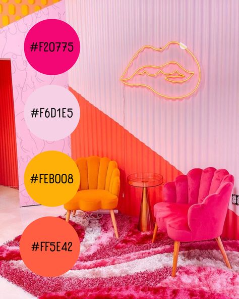 Pink Orange And Gold Room, Fluorescent Pink Aesthetic, Pink And Tangerine Color Palette, Pink Orange Photoshoot, Pink And Orange Retro Aesthetic, Pink And Orange Dining Room, Colourful Salon Decor, Boss Babe Color Palette, Pink Orange Yellow Living Room