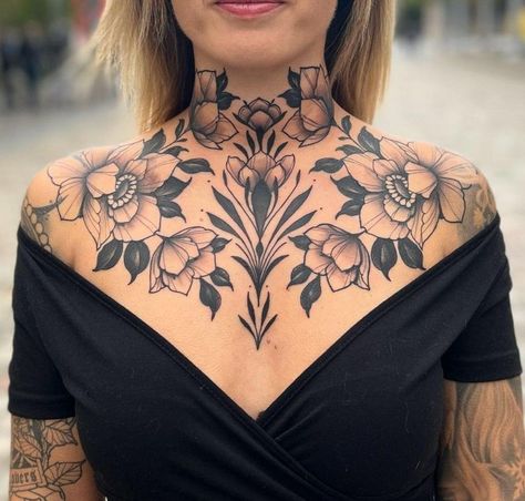 Women Chest Neck Tattoo, Peony Chest Tattoo Female, Women’s Full Chest Tattoo, Ornamental Chest Tattoo Female, Stomach Tattoos Women Plus Size, Women’s Chest Tattoo, Chest Tattoo Woman, Feminine Chest Tattoo For Women, Traditional Chest Tattoo Female