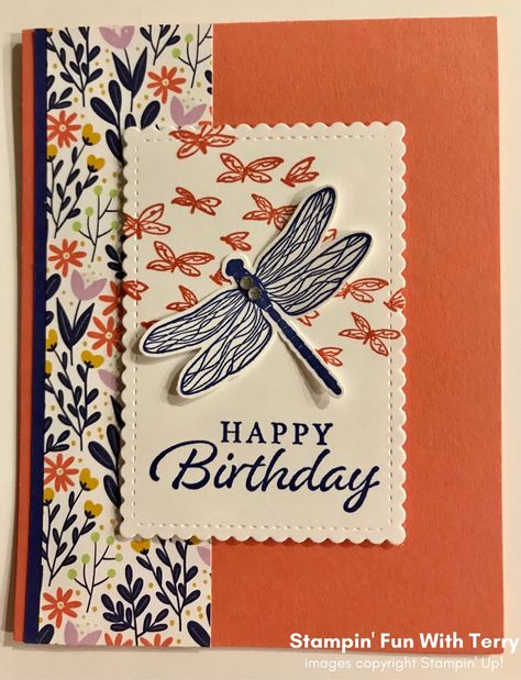 Dragonfly Birthday Cards, Stampin Up Butterfly Kisses Dsp, Simple Dragonfly, Dragonfly Birthday, August Birthdays, August Birthday, Bee Cards, Butterfly Kisses, Quilling Patterns