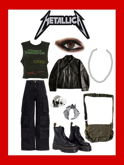 Cute Punk Rock Outfits, Metallica Inspired Outfits, Metallica Aesthetic Outfit, Rockstar Clothes Women, Metallica Shirt Outfit Women, Metal Rock Outfit, Rockstar Girlfriend Aesthetic Clothes, Rock Band Aesthetic Outfit, Metal Shirt Outfit