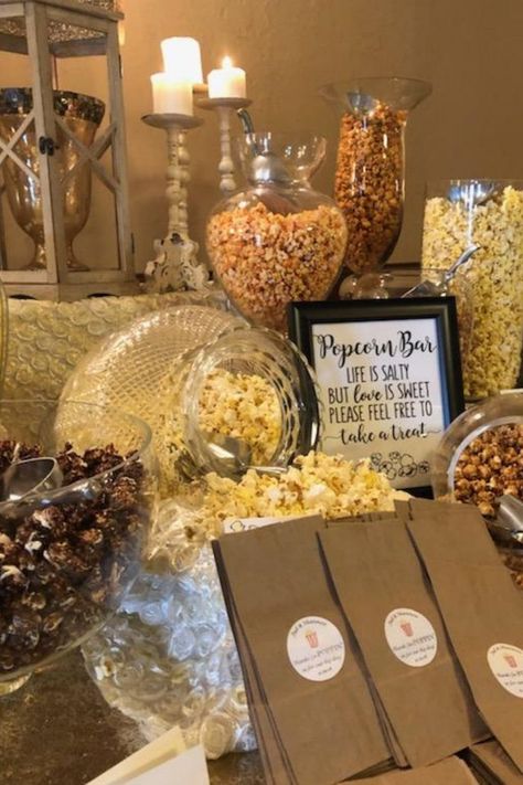 Snack Area Wedding, Popcorn Bar Wedding Cocktail Hour, Wedding Popcorn Bar Ideas, Wedding Reception Popcorn Bar, Popcorn Bar Ideas, Popcorn Bar Wedding, Corn Bar, Wedding Snack Bar, Wedding Popcorn Bar