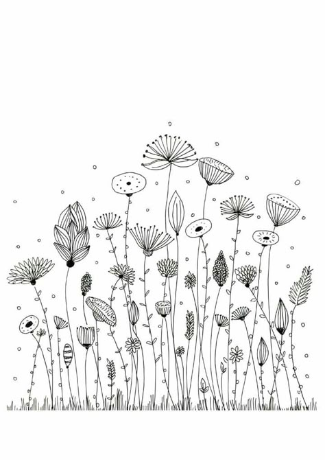 Small Floral Drawing, Ink Pen Flowers, Spring Line Art, Simple Line Art Ideas, Hand Painted Plant Pots Cute Ideas, Doodle Outlines, Pen Dot Drawing, Floral Outline Drawing, Floral Background Drawing