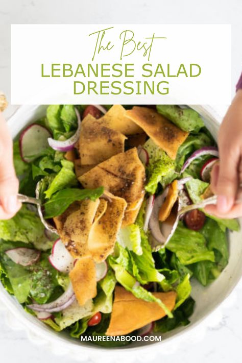 This is the best Lebanese salad dressing recipe! It's perfect for adding bright, delicious flavor to any salad. Shop spices, pomegranate molasses, and olive oil now to make this vinaigrette at home. Lebanese Salad Dressing, Lebanese Dressing, Fatoosh Salad Dressing, Rice Salad Dressing, Lebanese Salad, Mediterranean Salad Recipe, Pomegranate Vinaigrette, Salad Shop, Fattoush Salad