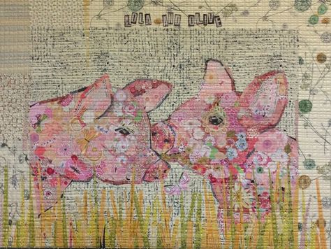 Laura Heine Collage Quilts, Road Embroidery, College Quilts, Fiber Collage, Quilt Collage, Susan Carlson, Pig Quilt, Flower Animals, Laura Heine