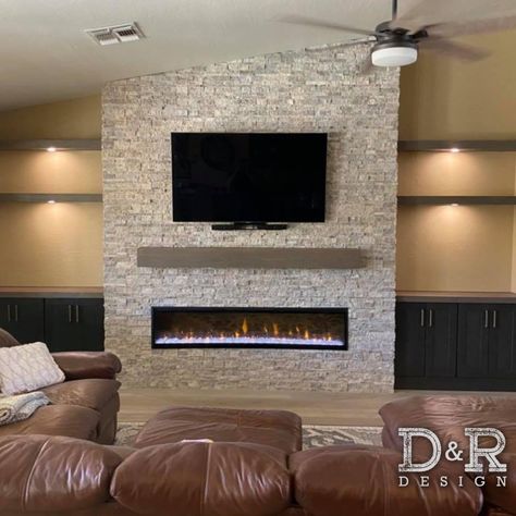 Fireplace Installation, Tv Fireplace, Fireplace Redo, Wall Mounted Fireplace, Fireplace Stone, Room Fireplace, Rustic Fireplace, Built In Shelves Living Room, Mounted Fireplace