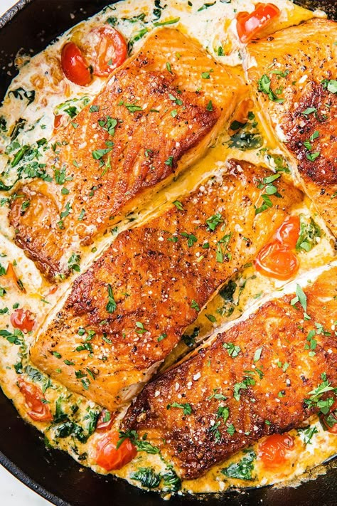 Tuscan Butter Salmon Is An Impressive Dinner That ANYONE Can MakeDelish Easy Fish Dinner, Tuscan Butter, Easy Fish Dinners, Seafood Tacos, Impressive Dinner, Fish Dinner Recipes, Japanese Desserts, Butter Salmon, Salmon Dinner